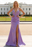 Orange Corset Sequined Long Prom Dress with Slit