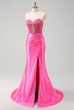 Fuchsia Sweetheart Long Lace Prom Dress with Slit