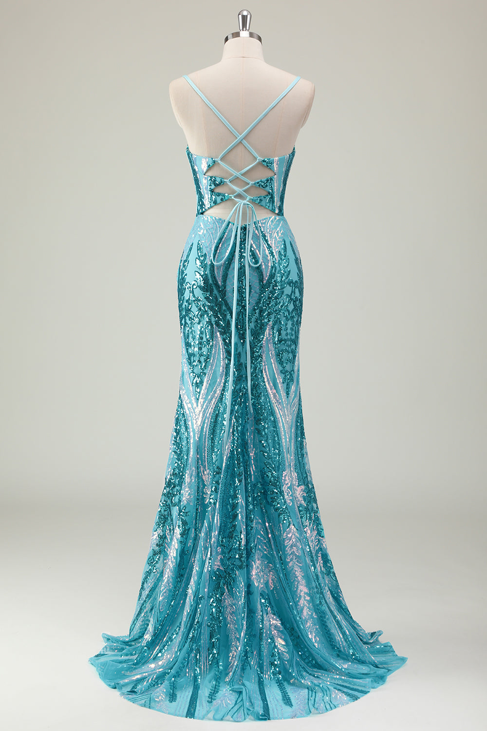 Sparkly Blue Spaghetti Straps Sequined Long Prom Dress with Slit