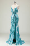 Sparkly Blue Spaghetti Straps Sequined Long Prom Dress with Slit