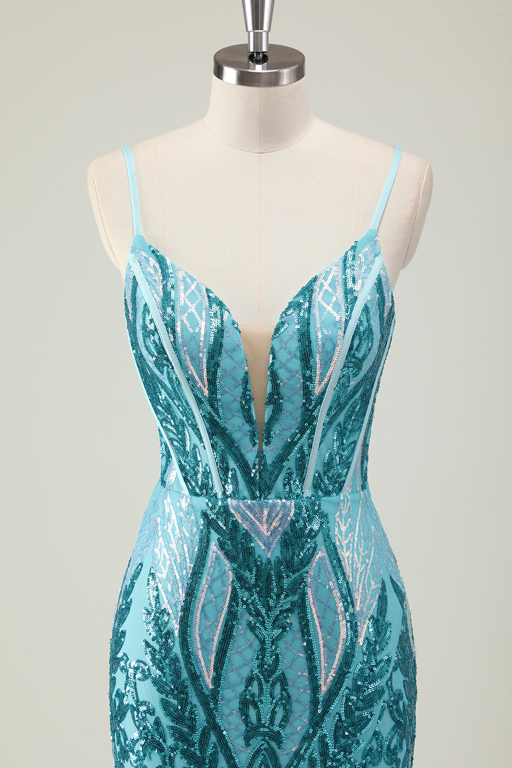 Sparkly Blue Spaghetti Straps Sequined Long Prom Dress with Slit
