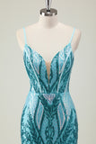 Sparkly Blue Spaghetti Straps Sequined Long Prom Dress with Slit