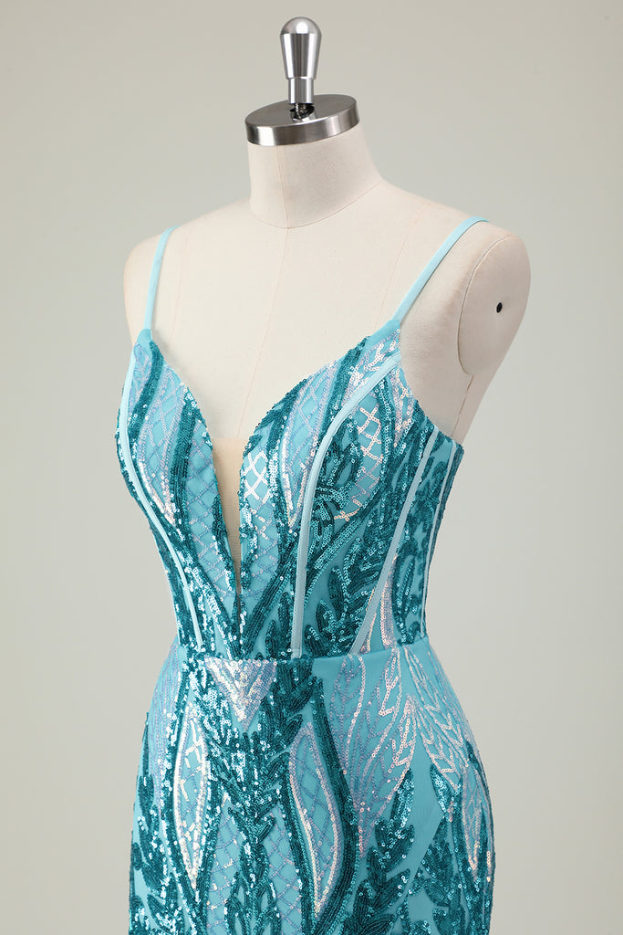 Light Blue Satin Spaghetti Straps Sheath Long Prom Dress with Slit