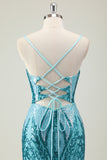 Sparkly Blue Spaghetti Straps Sequined Long Prom Dress with Slit
