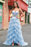 Sparkly Blue Strapless Ruffled Corset Long Prom Dress