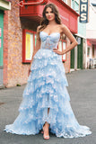 Sparkly Blue Strapless Ruffled Corset Long Prom Dress
