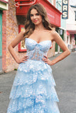 Sparkly Blue Strapless Ruffled Corset Long Prom Dress