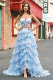 Sparkly Blue Strapless Ruffled Corset Long Prom Dress
