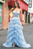 Sparkly Blue Strapless Ruffled Corset Long Prom Dress