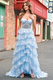 Sparkly Blue Strapless Ruffled Corset Long Prom Dress