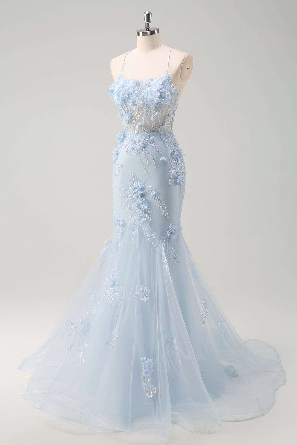 Zapakasa Women Sparkly Floral Blue Mermaid Long Corset Prom Dress with 3D Flowers Tulle Sequined Lace Up Back Formal Dress Zapakasa Women Sparkly Floral Blue Mermaid Long Corset Prom Dress with 3D Flowers Tulle Sequined Lace Up Back Formal Dress
