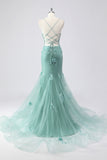 Sparkly Blue Mermaid Long Prom Dress with 3D Flowers