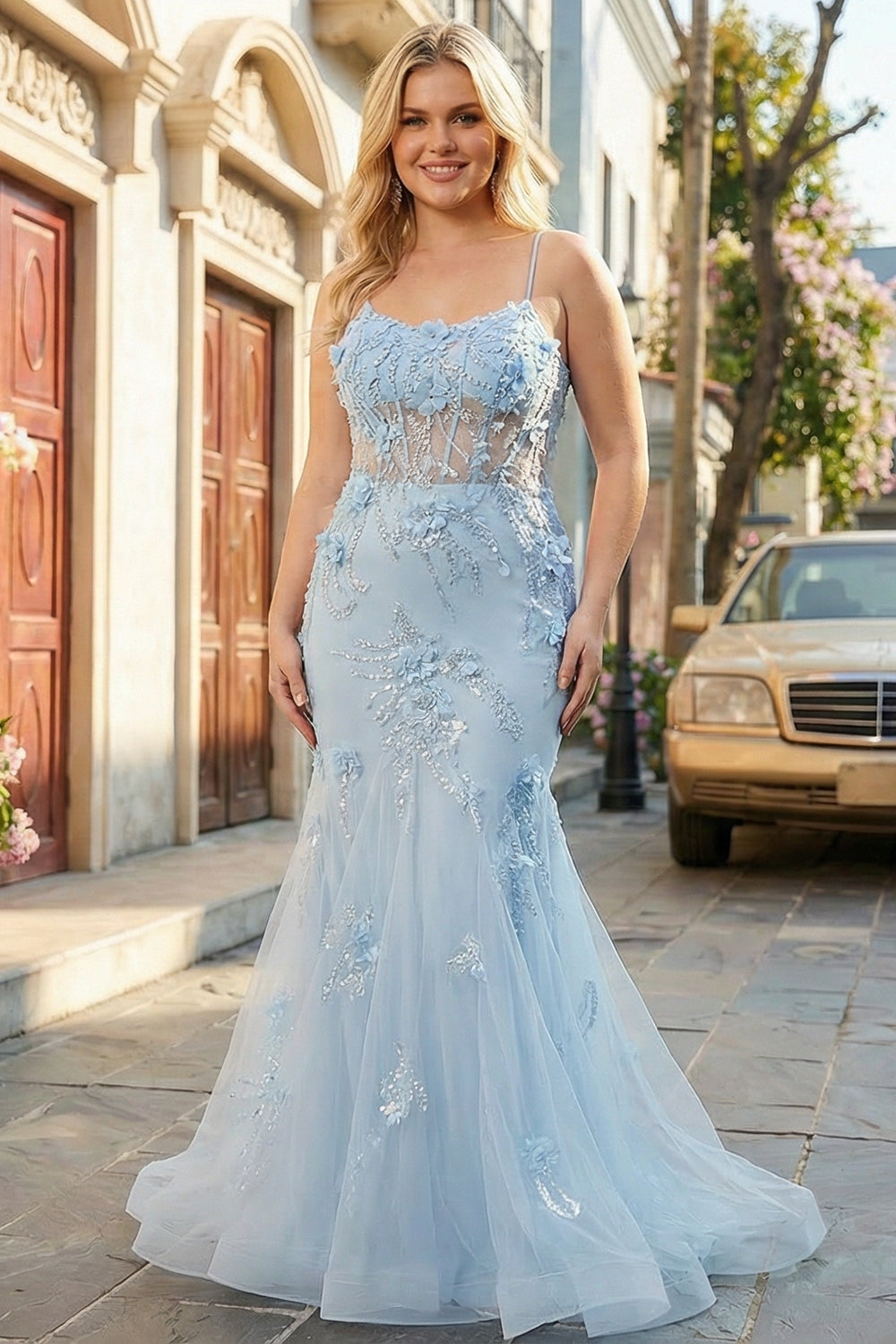 Plus Size Sparkly Blue Floral Mermaid Long Prom Dress with 3D Flowers