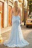 Plus Size Sparkly Blue Floral Mermaid Long Prom Dress with 3D Flowers