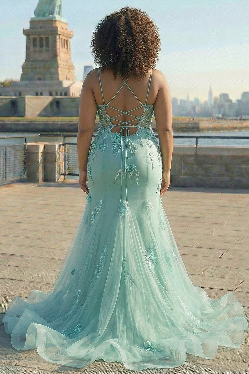 Plus Size Sparkly Blue Floral Mermaid Long Prom Dress with 3D Flowers