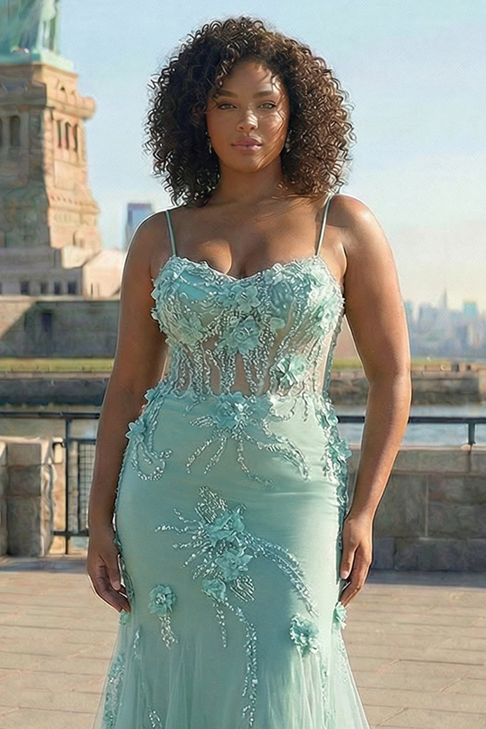 Plus Size Sparkly Blue Floral Mermaid Long Prom Dress with 3D Flowers