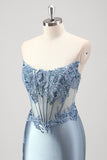 Grey Blue Satin Mermaid Applique Long Prom Dress with Slit