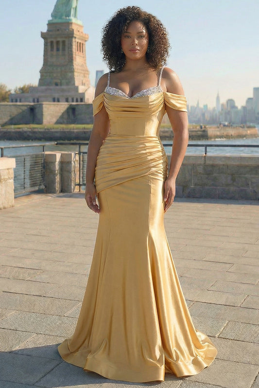 Golden Plus Size Mermaid Satin Cold Shoulder Long Prom Dress