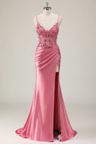 Sparkly Coral Corset Satin Mermaid Long Prom Dress with Slit