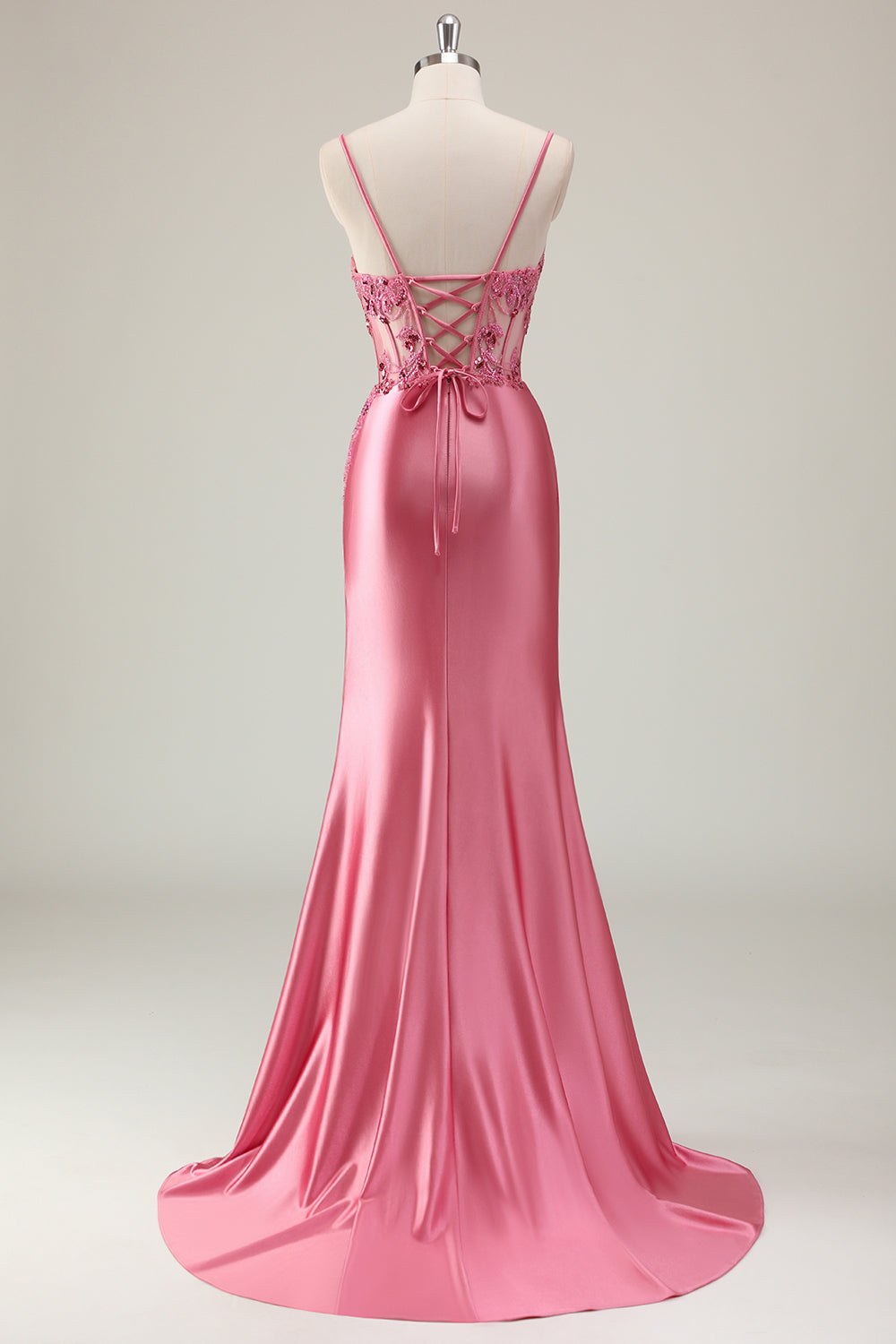 Sparkly Coral Corset Satin Mermaid Long Prom Dress with Slit
