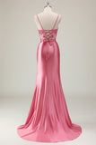 Sparkly Coral Corset Satin Mermaid Long Prom Dress with Slit