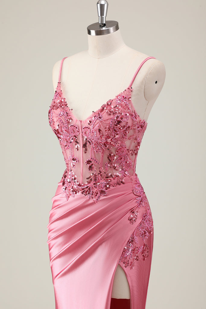Glitter Lace Up Back Cowl Neck Corset Sequin Mermaid Maxi Dress With Slit