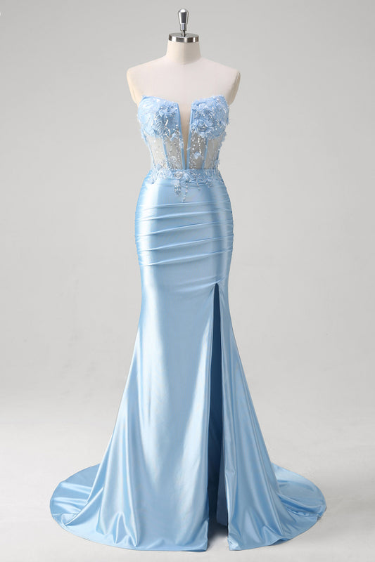 Blue Mermaid Beaded Applique Hollow Out Long Prom Dress with Slit
