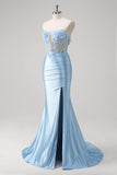 Blue Mermaid Beaded Applique Hollow Out Long Prom Dress with Slit