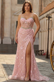 Plus Size Pink Floral Mermaid Sweetheart Beaded Long Prom Dress with Slit