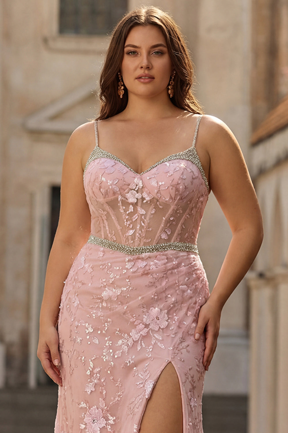Plus Size Pink Floral Mermaid Sweetheart Beaded Long Prom Dress with Slit