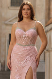 Plus Size Pink Floral Mermaid Sweetheart Beaded Long Prom Dress with Slit