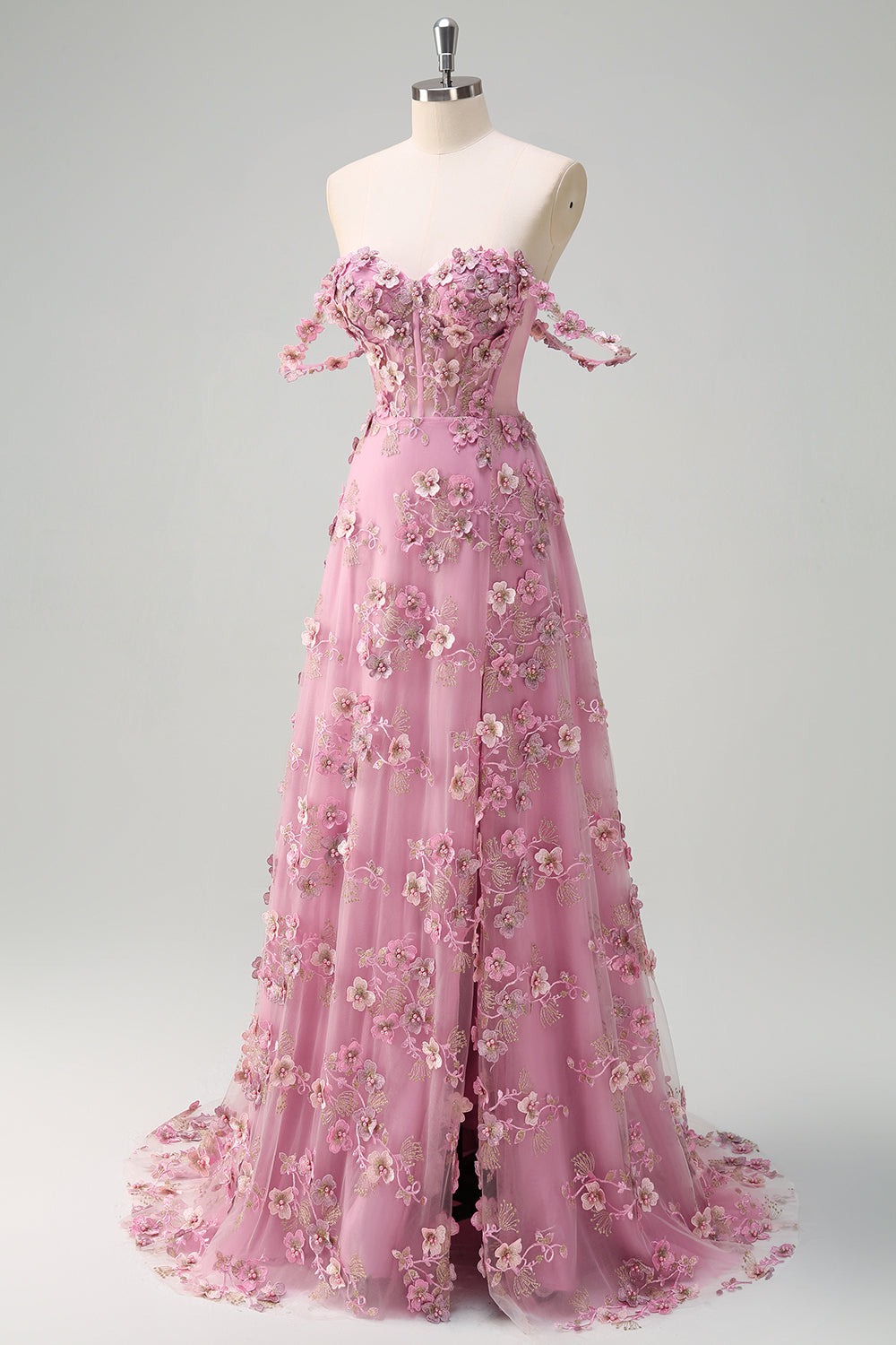 Taro Floral A-Line Off The Shoulder Corset Long Prom Dress with Slit