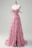 Taro Floral A-Line Off The Shoulder Corset Long Prom Dress with Slit