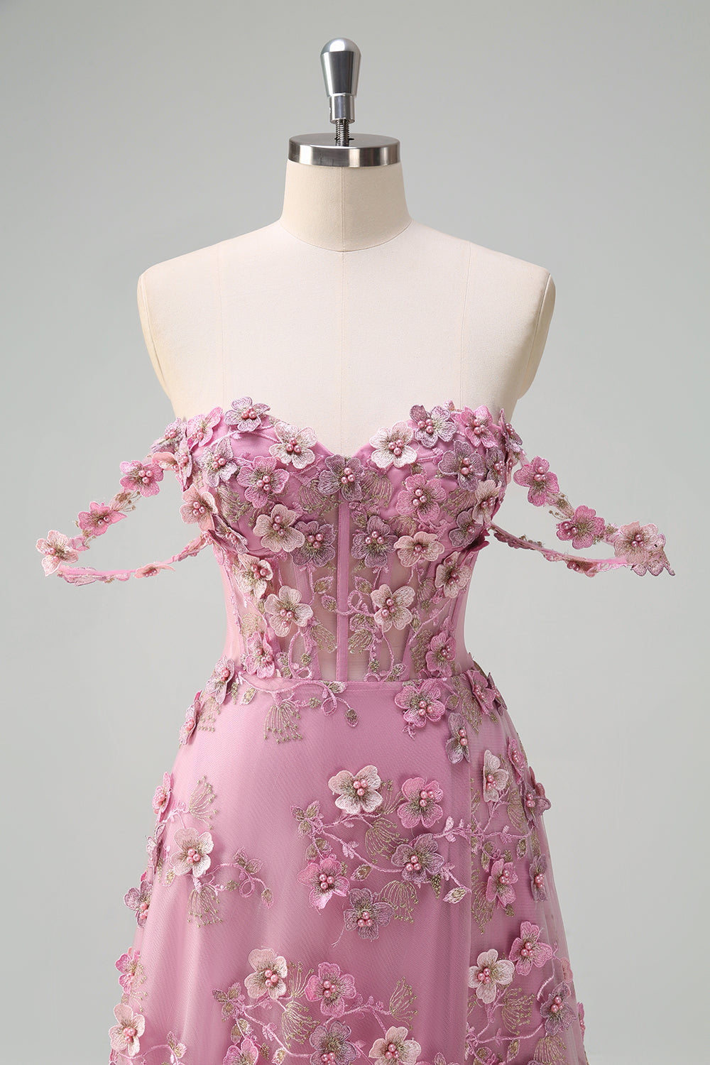 Taro Floral A-Line Off The Shoulder Corset Long Prom Dress with Slit