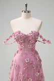Taro Floral A-Line Off The Shoulder Corset Long Prom Dress with Slit