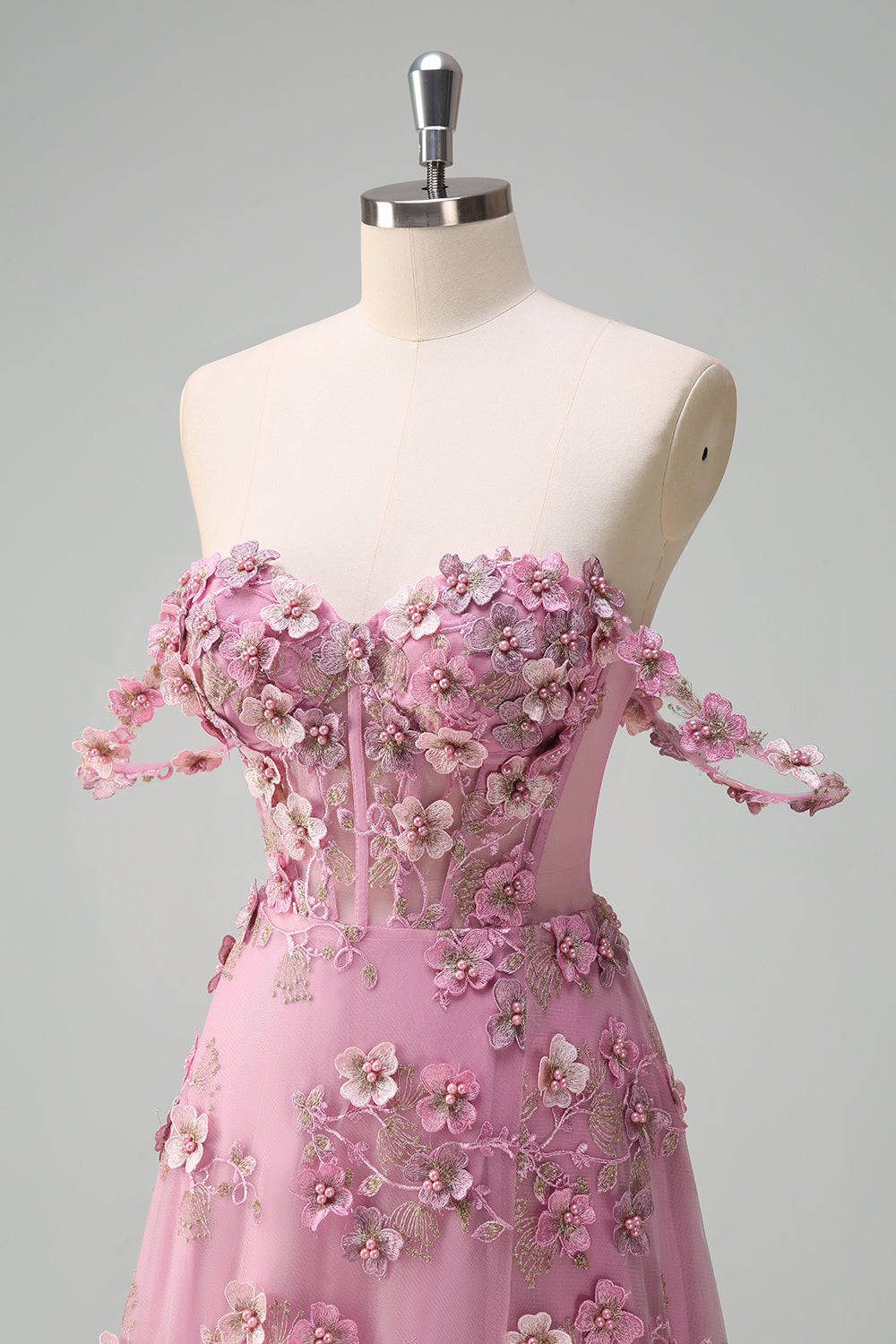 Taro Floral A-Line Off The Shoulder Corset Long Prom Dress with Slit