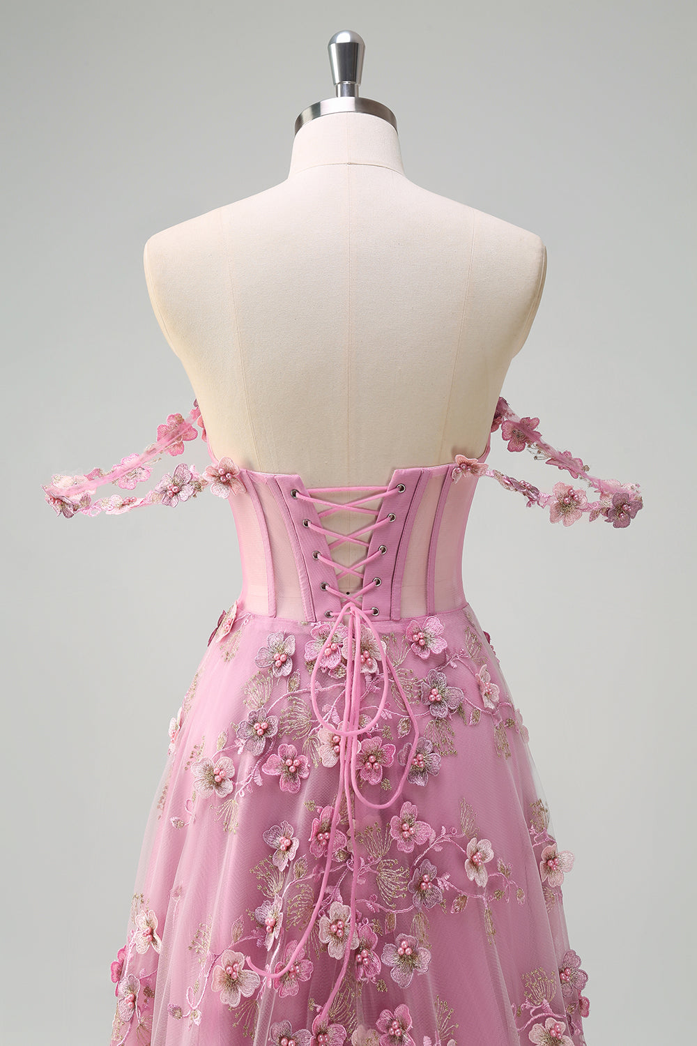 Taro Floral A-Line Off The Shoulder Corset Long Prom Dress with Slit