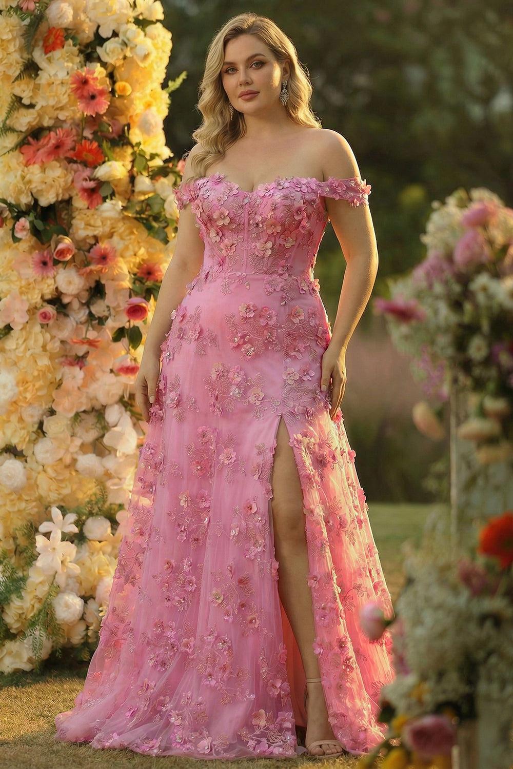 Plus Size Taro Floral Off The Shoulder Long Corset Prom Dress with Slit