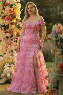 Plus Size Taro Floral Off The Shoulder Long Corset Prom Dress with Slit