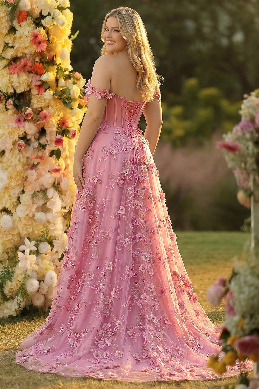 Plus Size Taro Floral Off The Shoulder Long Corset Prom Dress with Slit