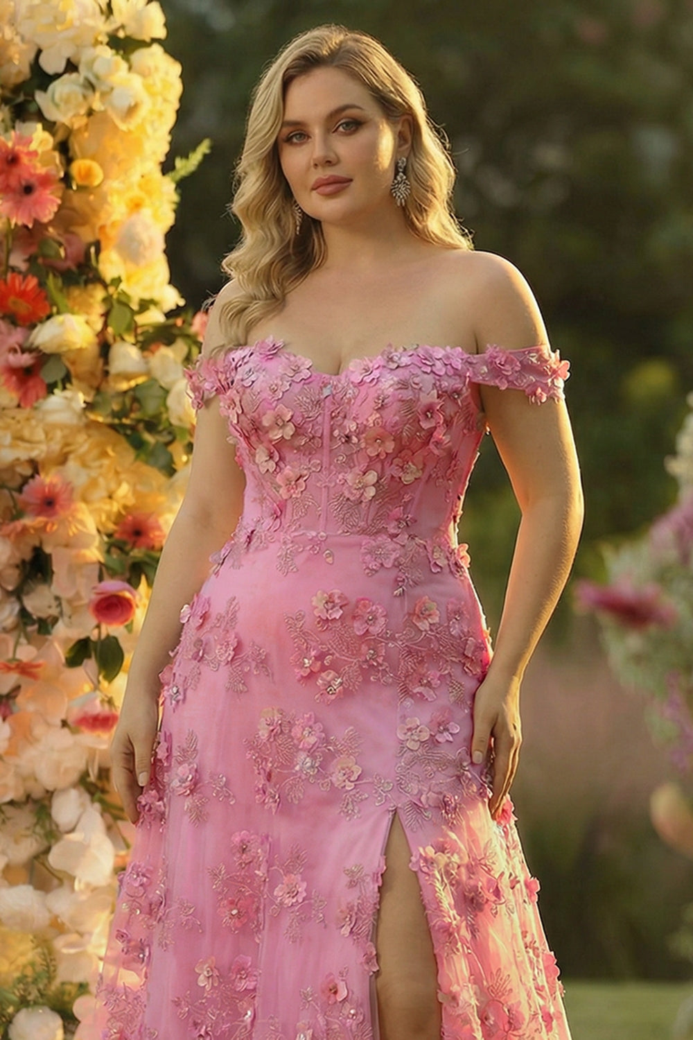 Plus Size Taro Floral Off The Shoulder Long Corset Prom Dress with Slit