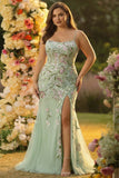 Green Plus Size Floral Mermaid Appliqued Long Corset Prom Dress with Slit