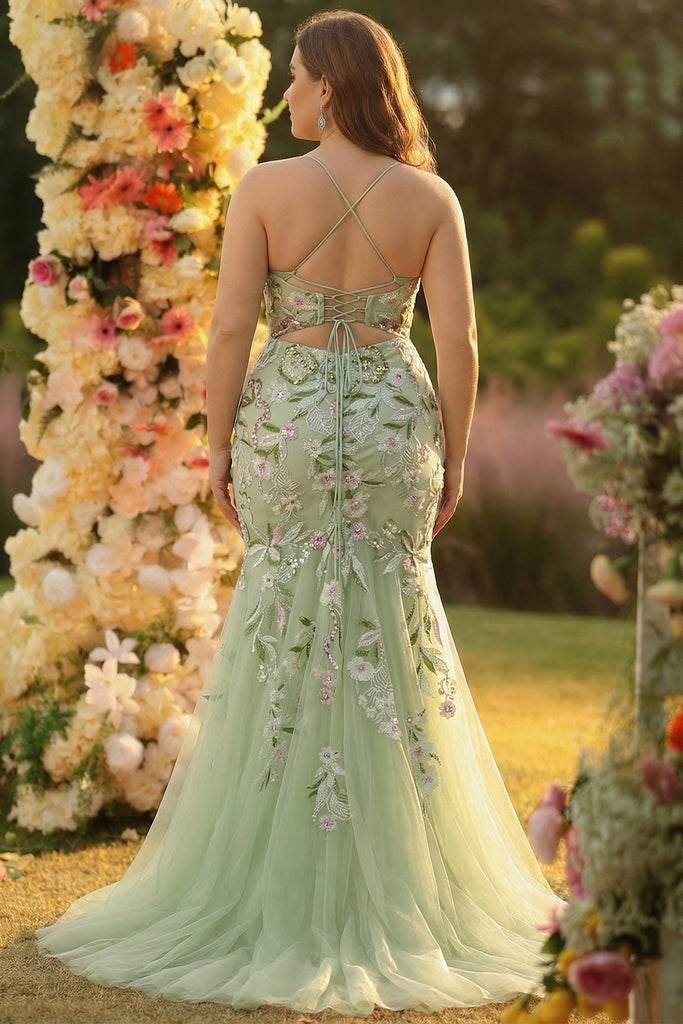 Zapakasa Women Green Floral Mermaid Applique Prom Dress Spaghetti ...