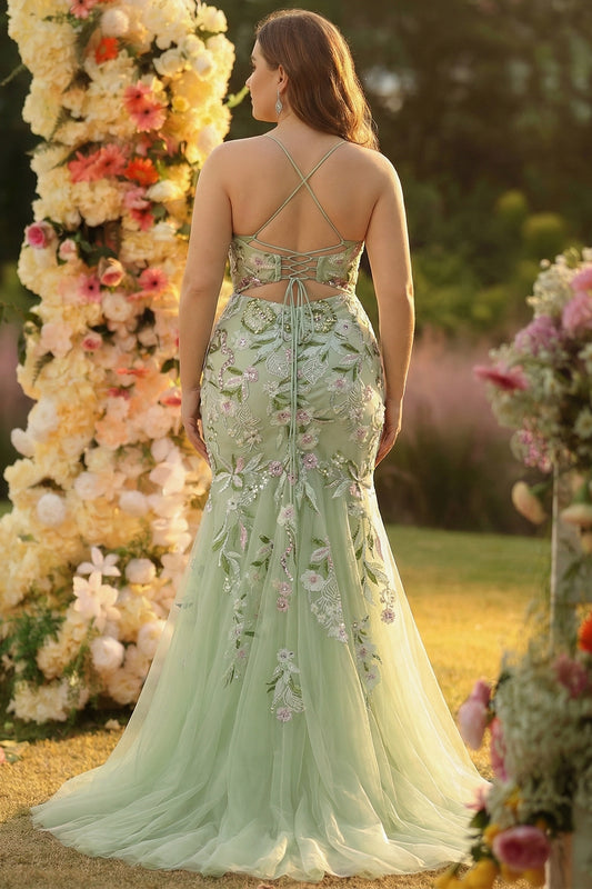 Green Plus Size Floral Mermaid Appliqued Long Corset Prom Dress with Slit