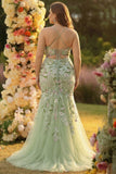 Green Plus Size Floral Mermaid Appliqued Long Corset Prom Dress with Slit