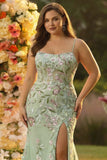 Green Plus Size Floral Mermaid Appliqued Long Corset Prom Dress with Slit
