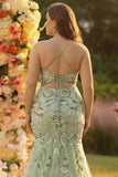 Green Plus Size Floral Mermaid Appliqued Long Corset Prom Dress with Slit