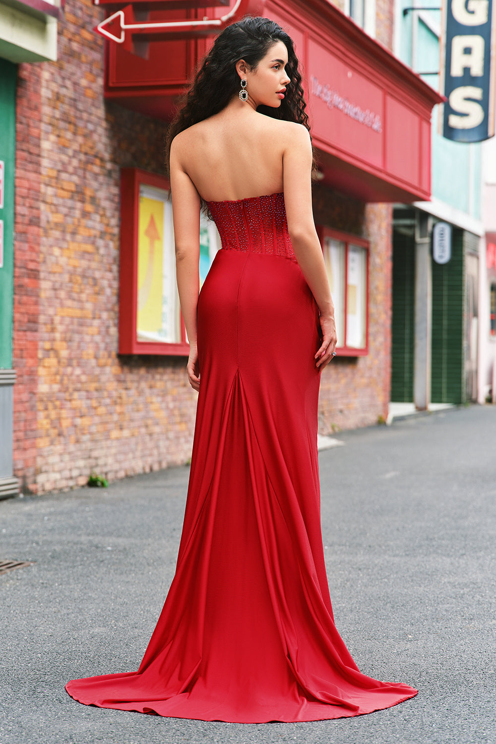 Sparkly Red Mermaid Strapless Satin Long Prom Dress with Slit