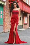Sparkly Red Mermaid Strapless Satin Prom Dress with Slit