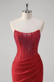 Sparkly Red Mermaid Strapless Satin Long Prom Dress with Slit